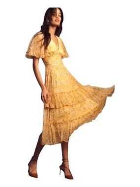 BHLDN BY ANTHROPOLOGIE Naomi V-Neck, Short Sleeve, Floral, Midi Dress, Size XS.